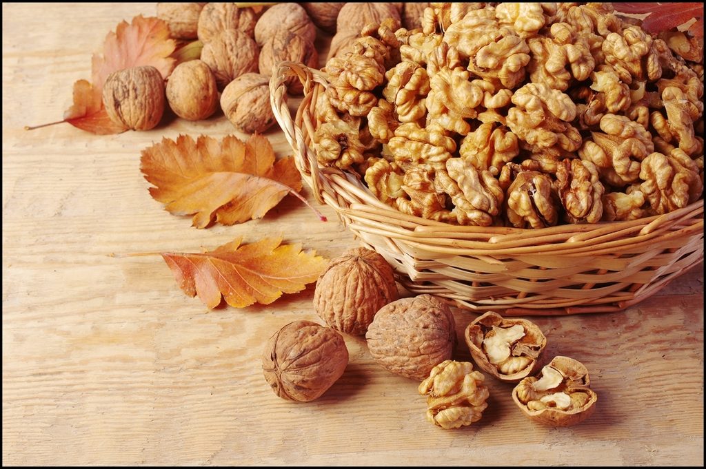 services-03 walnut kernels in basket and whole walnuts on rustic old wood